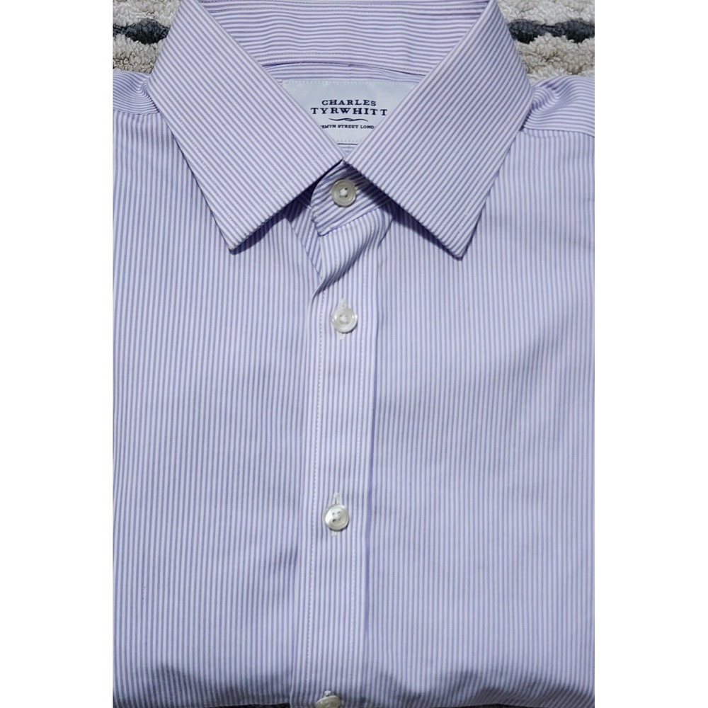 Charles Tyrwhitt Men's Non Iron Slim Fit Purple Stripe Dress Shirt Size 16/35